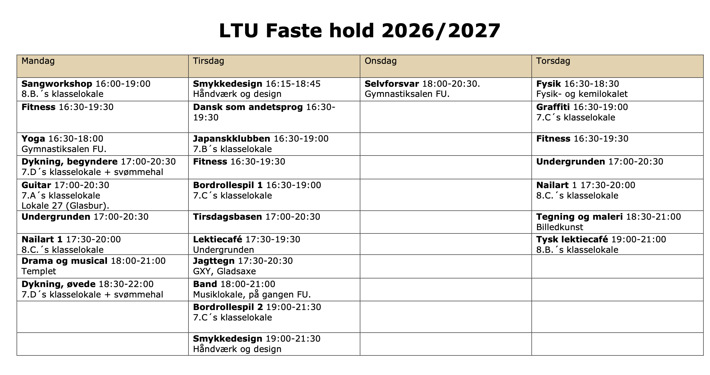 Oversigt over LTU's faste hold 2026/2027